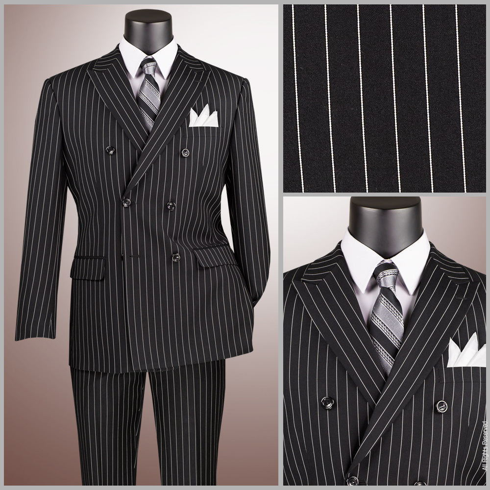 Vinci Classic Fit Executive Double Breasted Suit Gangster Stripe w/Adjustable Waistband (Black)