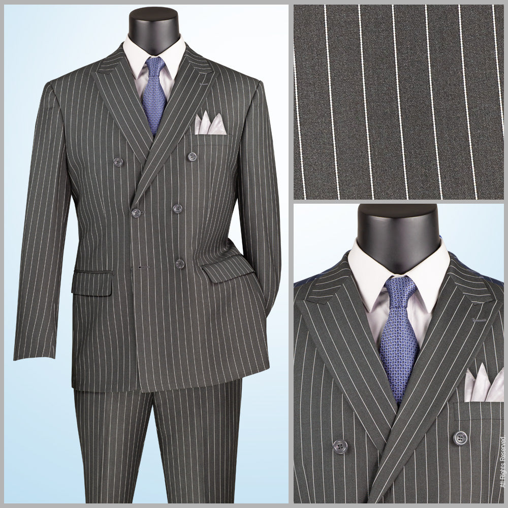 Vinci Classic Fit Executive Double Breasted Suit Gangster Stripe w/Adjustable Waistband(Charcoal)