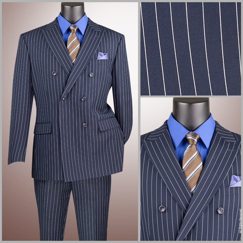 Vinci Classic Fit Executive Double Breasted Suit Gangster Stripe w/Adjustable Waistband (Navy)