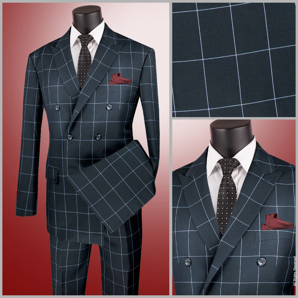 Vinci Double Breasted Modern Fit Windowpane Suit (Black)