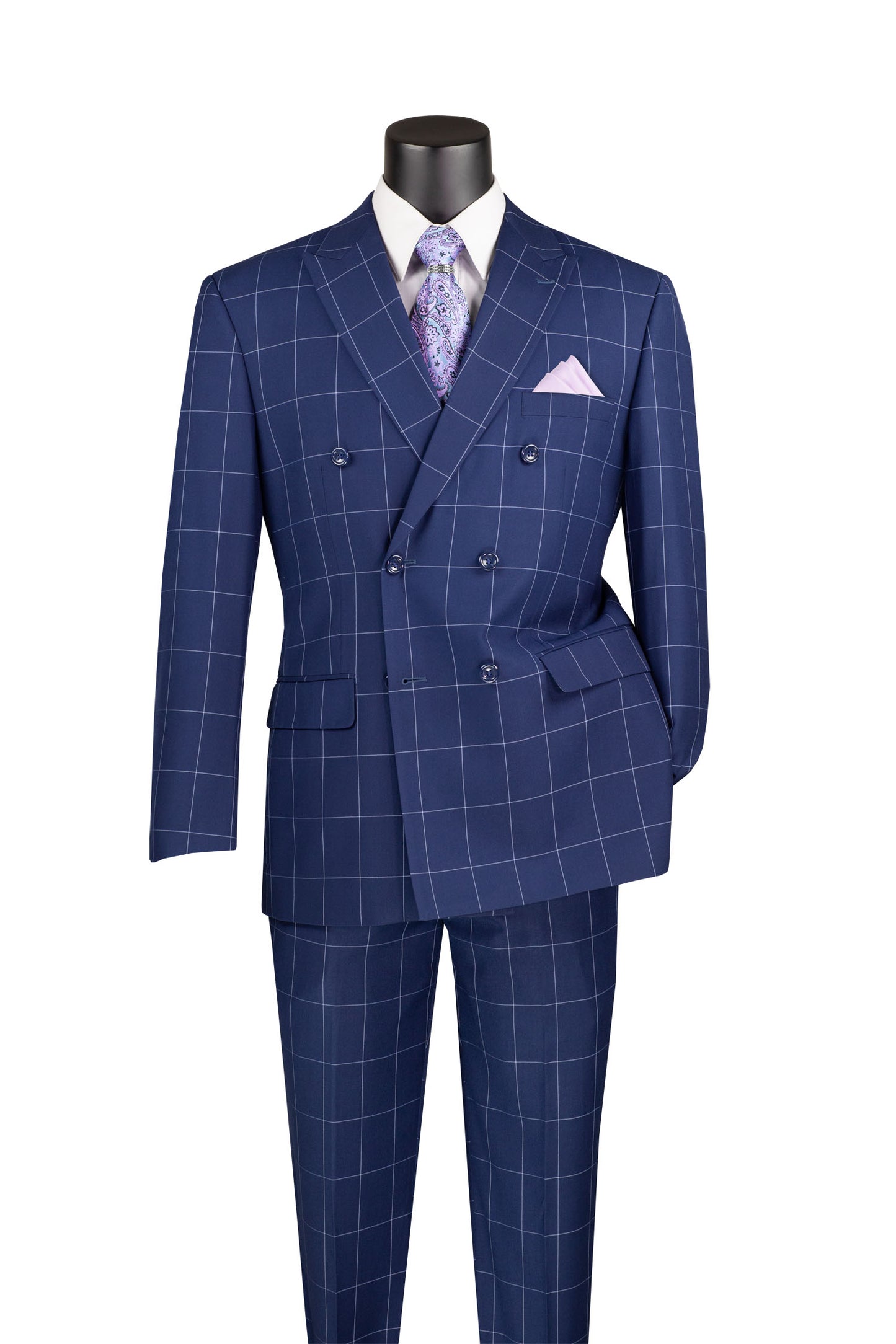 Vinci Double Breasted Modern Fit Windowpane Suit (Blue)