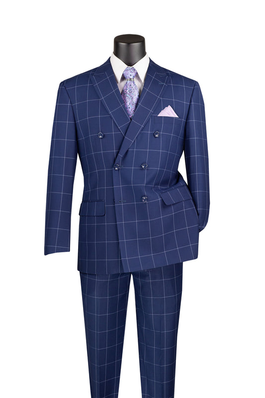 Vinci Double Breasted Modern Fit Windowpane Suit (Blue)