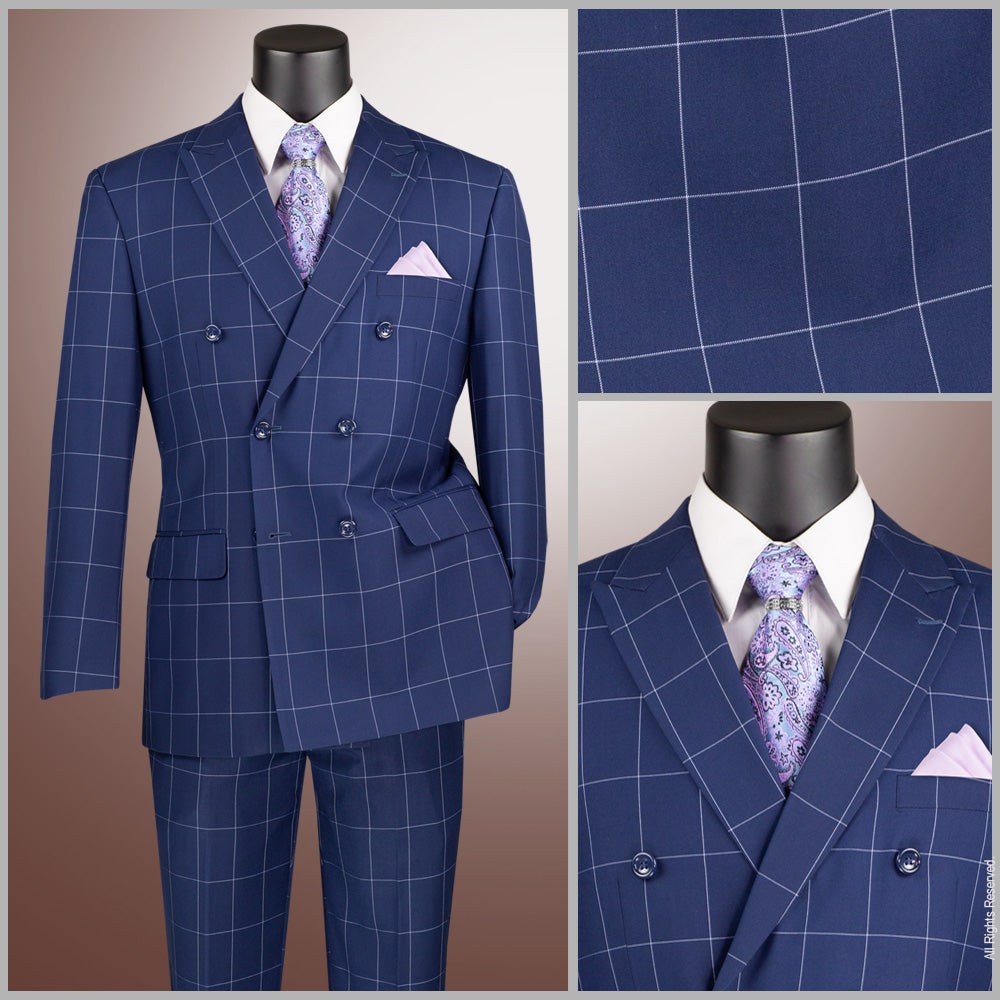 Vinci Double Breasted Modern Fit Windowpane Suit (Blue)