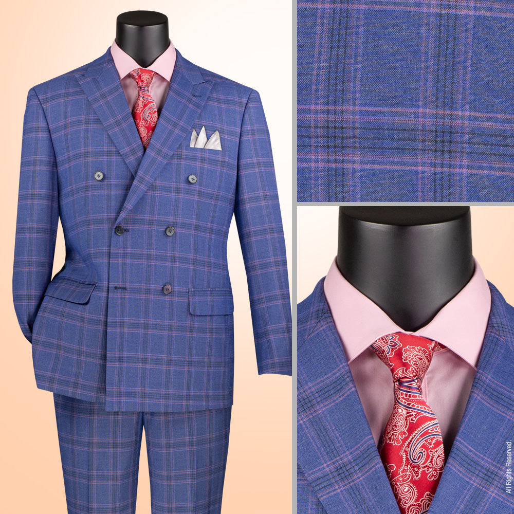 Vinci Double Breasted Modern Fit Stretch Fabric Glen Plaid Suit (Blue)