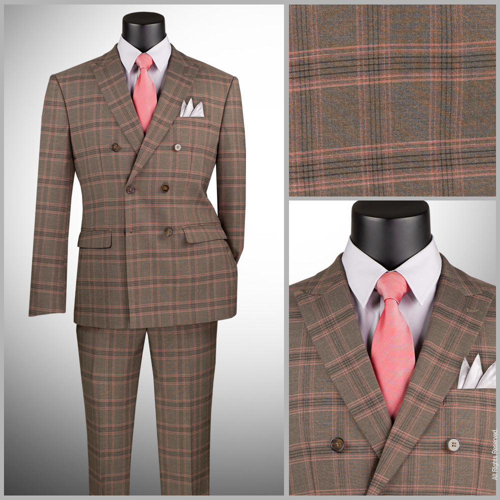 Vinci Double Breasted Modern Fit Stretch Fabric Glen Plaid Suit (Brown)