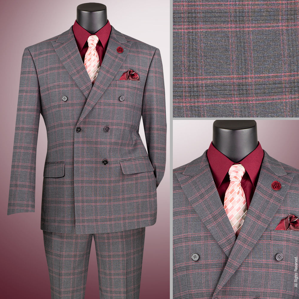 Vinci Double Breasted Modern Fit Stretch Fabric Glen Plaid Suit (Charcoal)