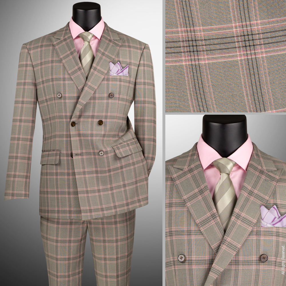 Vinci Double Breasted Modern Fit Stretch Fabric Glen Plaid Suit (Light Taupe)