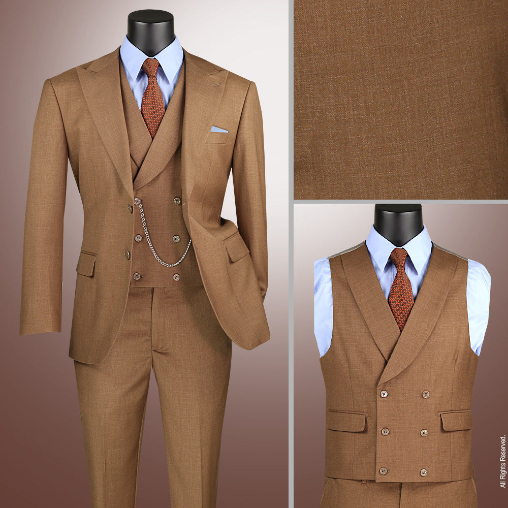 Vinci Modern Fit 3pc Stretch Suit w/Adjustable Waistband (Light Brown)