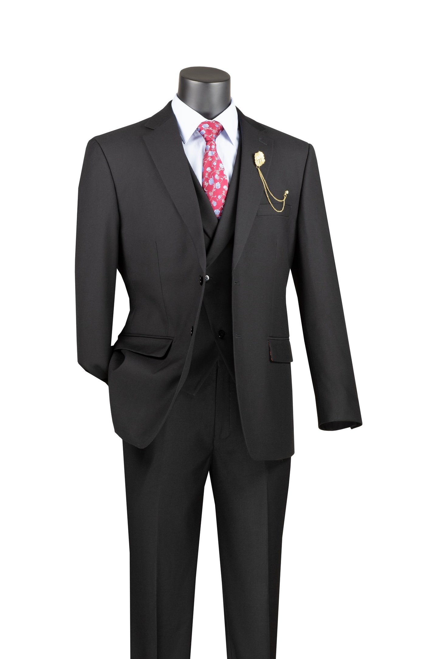 Vinci 3pc Modern Fit w/Lapel Vest & Adjustable Waistband Suit (Black)