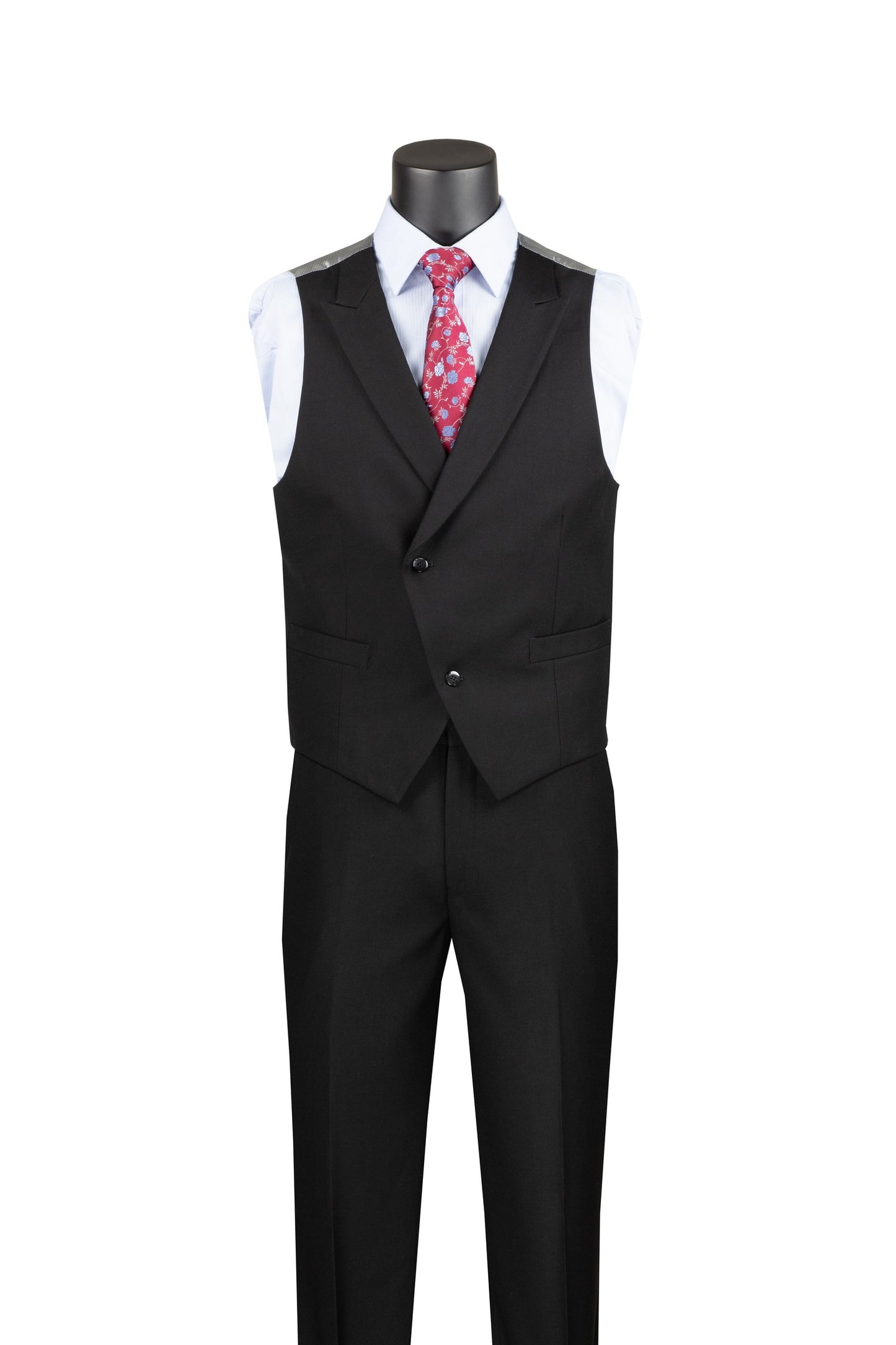 Vinci 3pc Modern Fit w/Lapel Vest & Adjustable Waistband Suit (Black)
