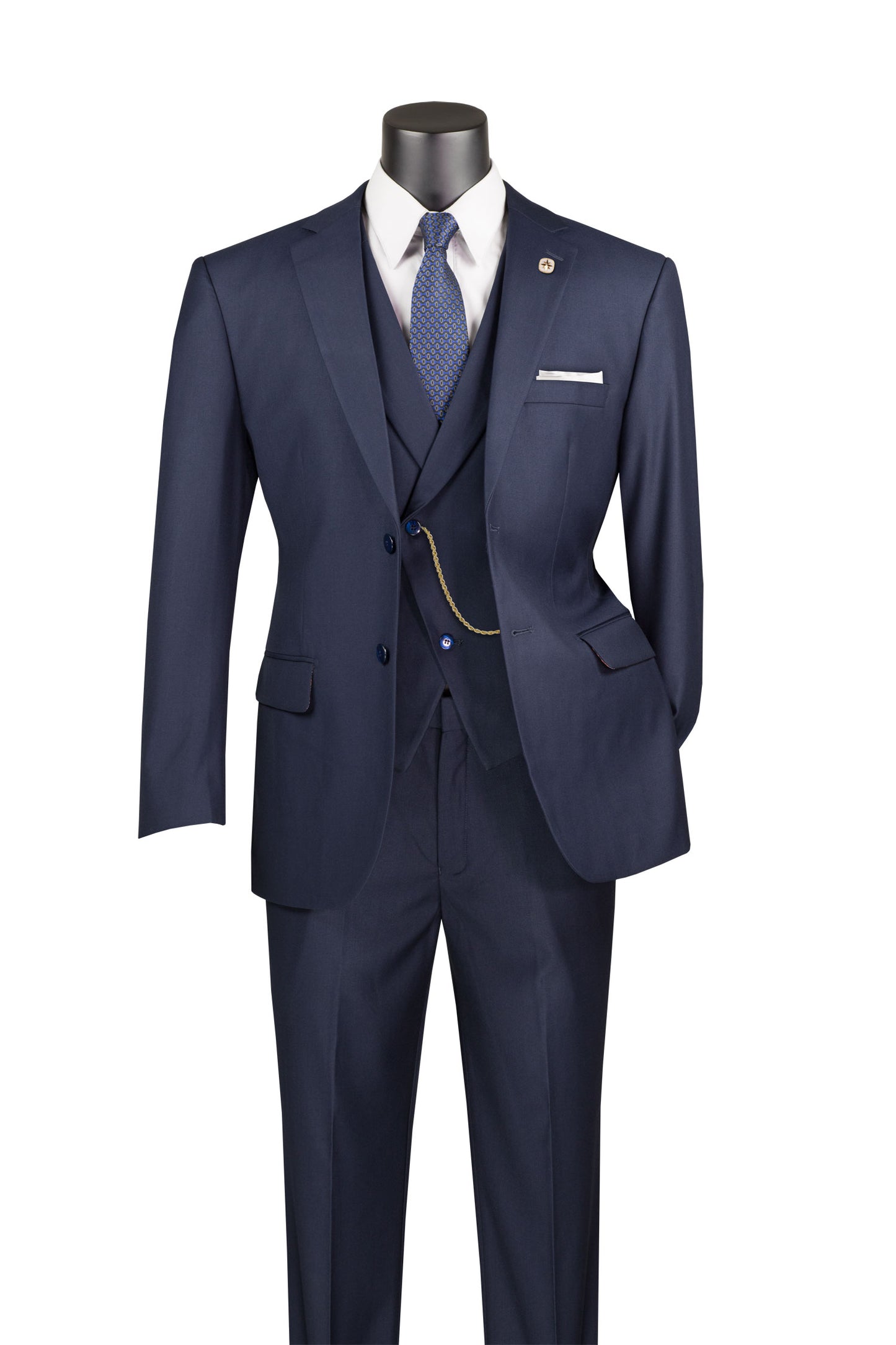 Vinci 3pc Modern Fit w/Lapel Vest & Adjustable Waistband Suit (Navy)