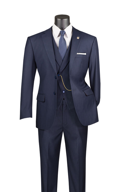 Vinci 3pc Modern Fit w/Lapel Vest & Adjustable Waistband Suit (Navy)