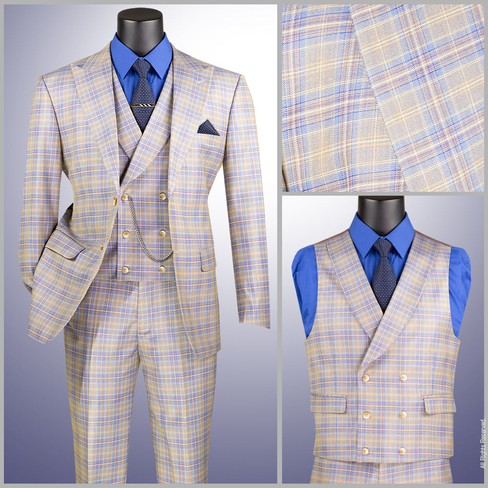 Vinci Modern Fit 3pc w/Peak Lapel DB Vest Suit (Blue)
