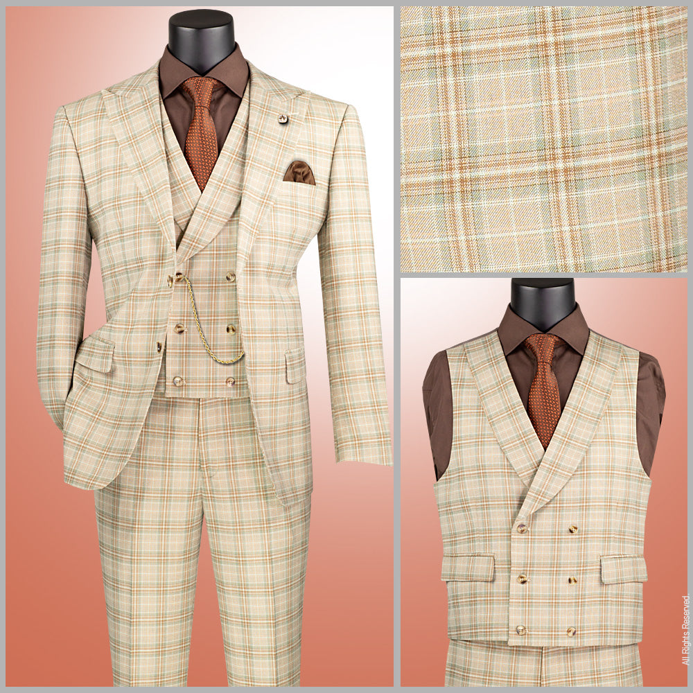 Vinci Modern Fit 3pc w/Peak Lapel DB Vest Suit (Khaki)