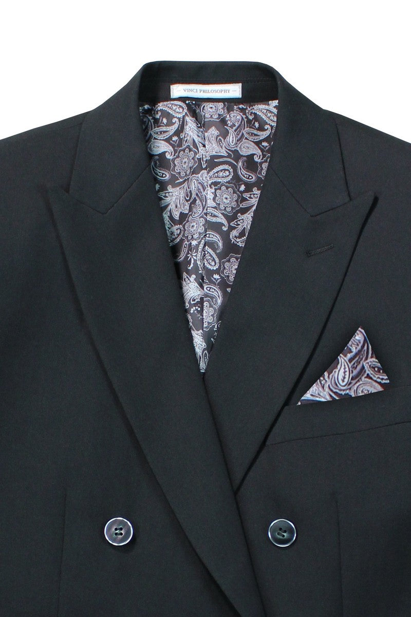 Vinci 2pc Slim Fit Double Breasted Stretch Fabric Suit (Black)