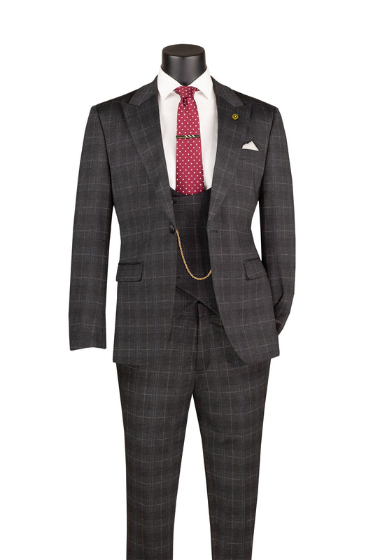 Vinci 3pc Slim Fit Super Stretch Glen Plaid Suit (Black)