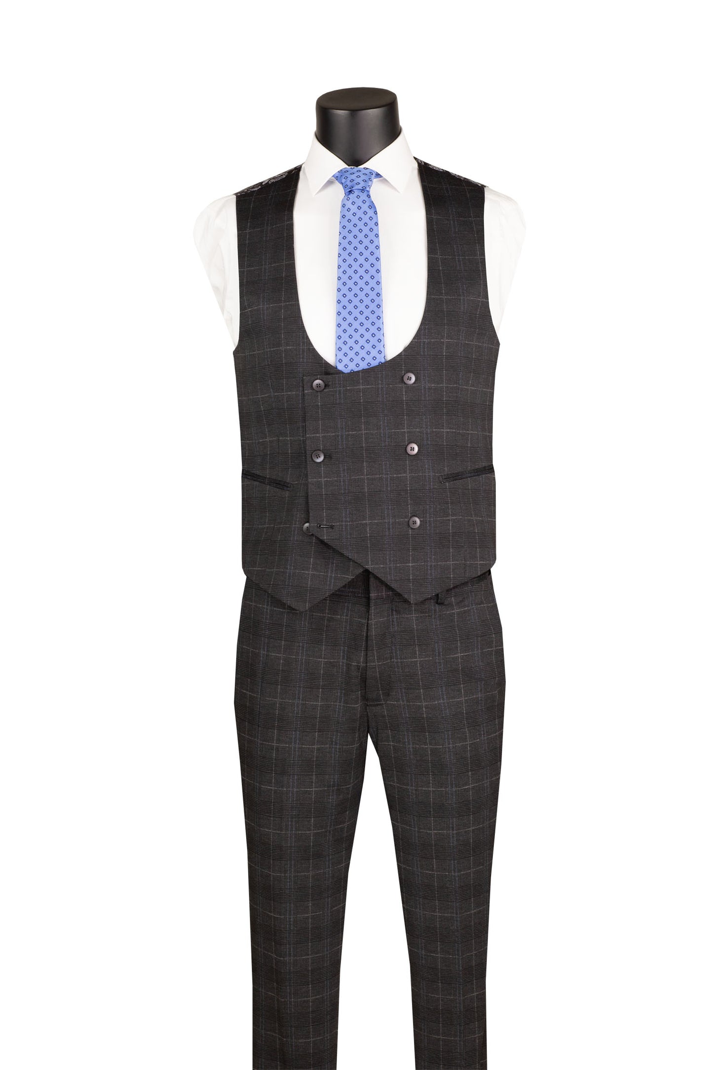 Vinci 3pc Slim Fit Super Stretch Glen Plaid Suit (Black)