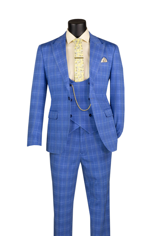 Vinci 3pc Slim Fit Super Stretch Glen Plaid Suit (Blue)