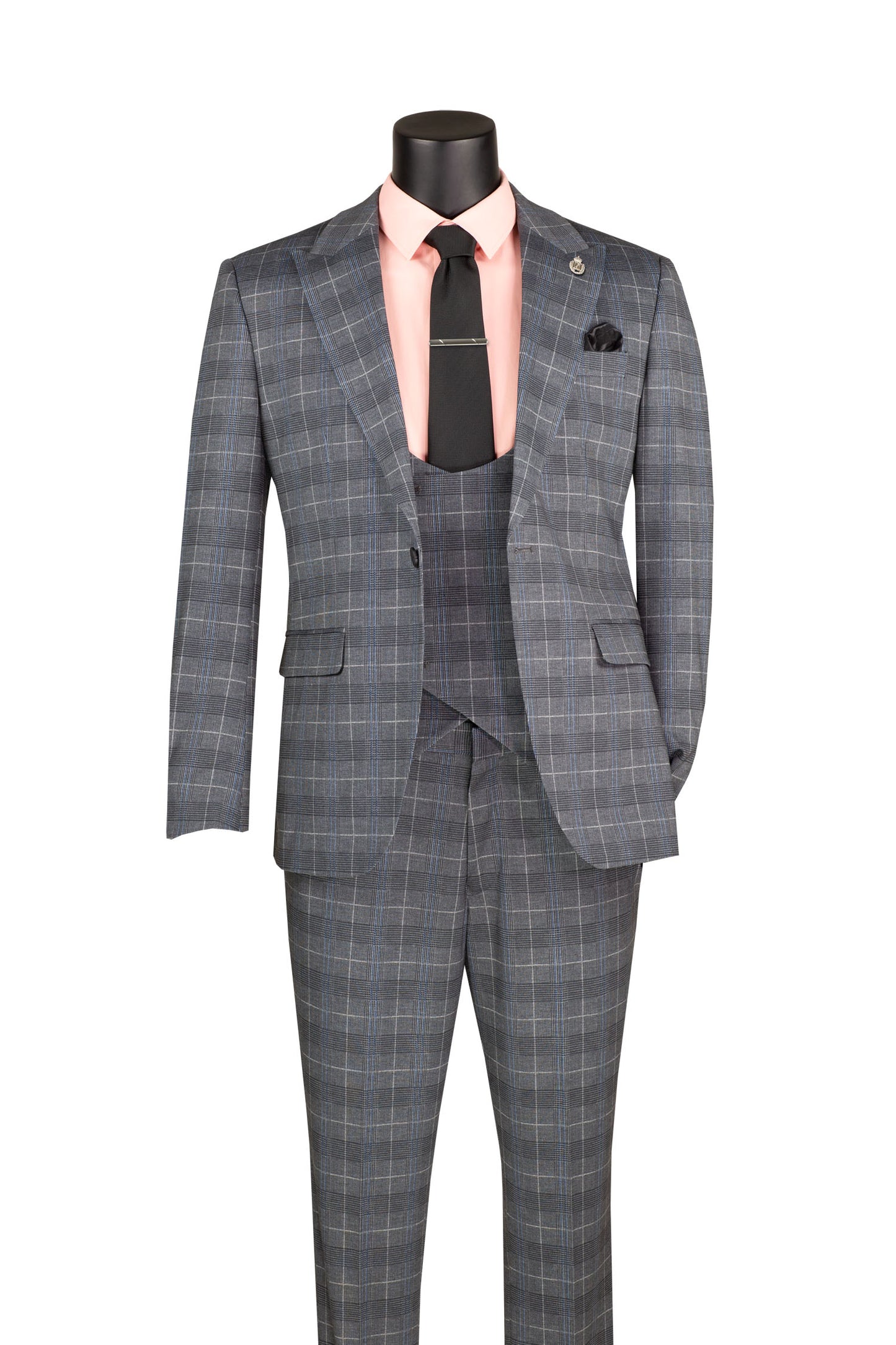 Vinci 3pc Slim Fit Super Stretch Glen Plaid Suit (Gray)
