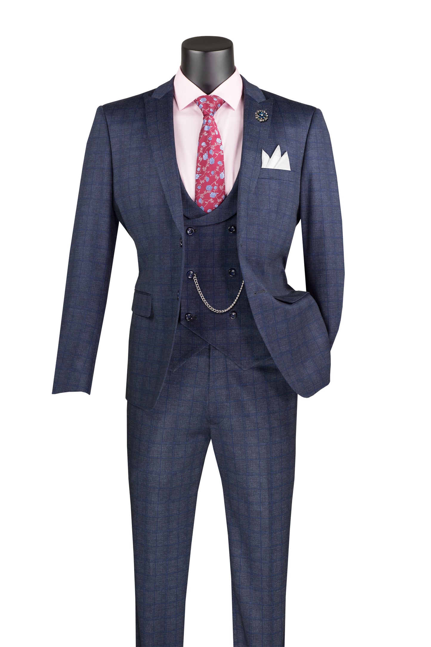 Vinci 3pc Slim Fit Super Stretch Glen Plaid Suit (Navy)