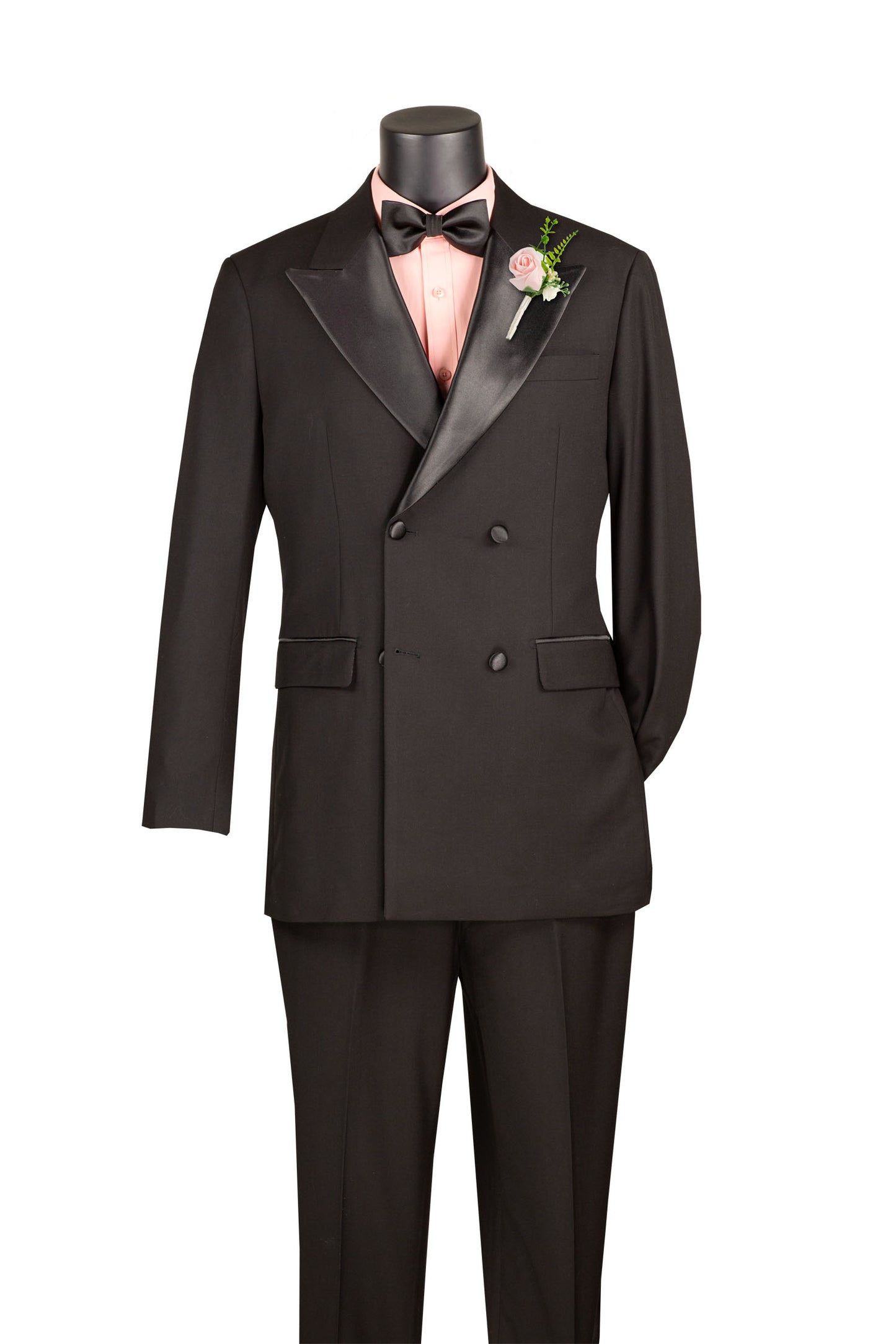 Vinci Double Breasted Regular Fit Tuxedo w/Matching Bow tie & Adjustable Waistband (Black)