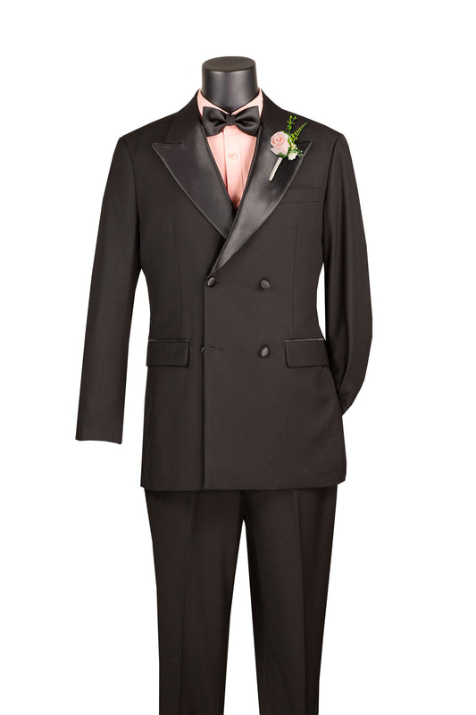 Vinci Double Breasted Regular Fit Tuxedo w/Matching Bow tie & Adjustable Waistband (Black)