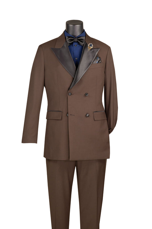 Vinci Double Breasted Regular Fit Tuxedo w/Matching Bow tie & Adjustable Waistband (Brown)