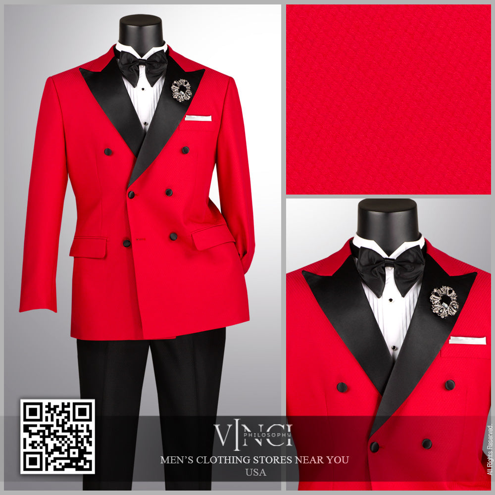 Vinci Double Breasted Modern Fit 2pc Tuxedo w/Matching Bow Tie (Red)