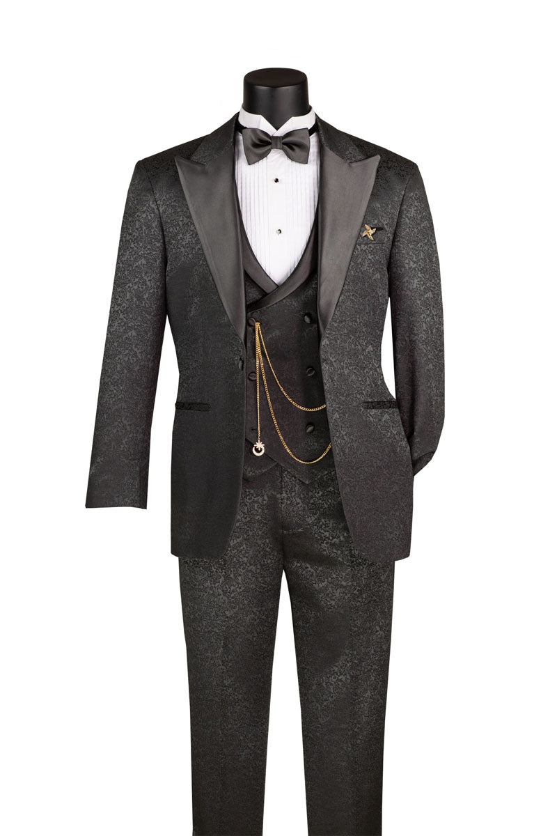 Vinci 3pc Modern Fit Fancy Pattern Tuxedo (Black)