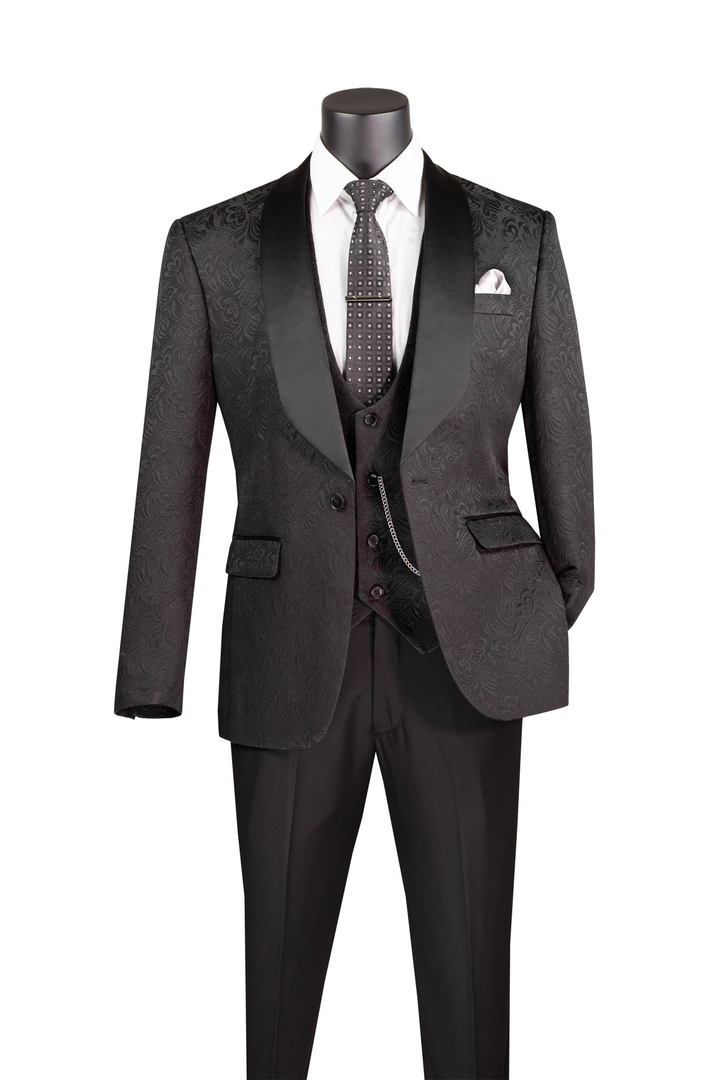 Vinci Slim Fit Vested Jacquard Fabric 1 Button Fashion Tuxedo (Black)