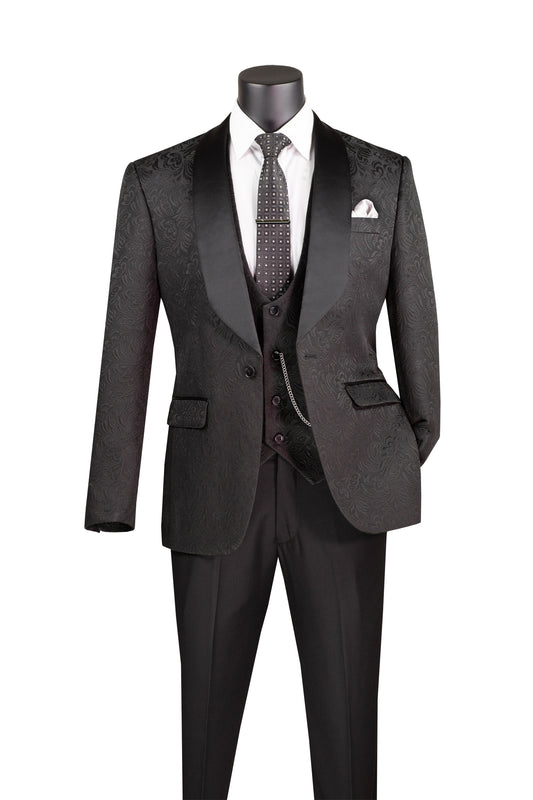 Vinci Slim Fit Vested Jacquard Fabric 1 Button Fashion Tuxedo (Black)