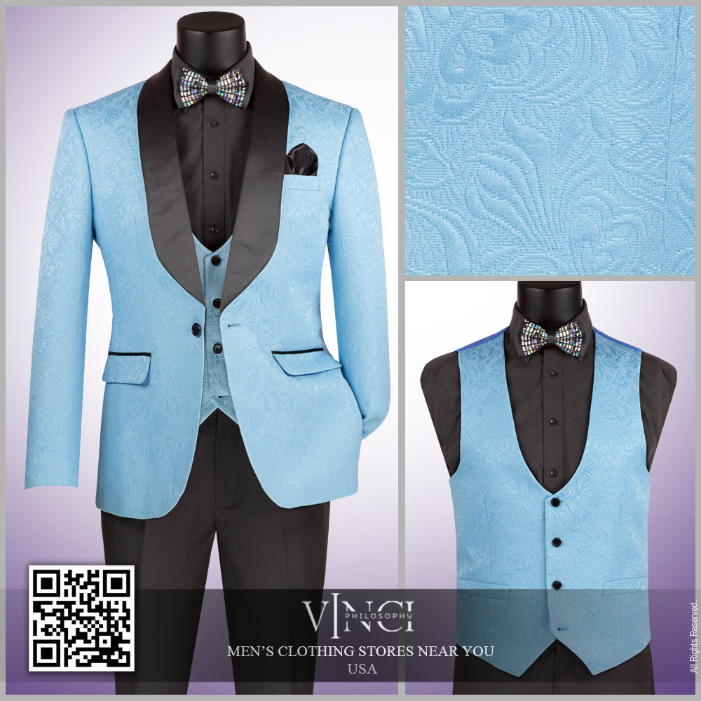 Vinci Slim Fit Vested Jacquard Fabric 1 Button Fashion Tuxedo (Light Blue)