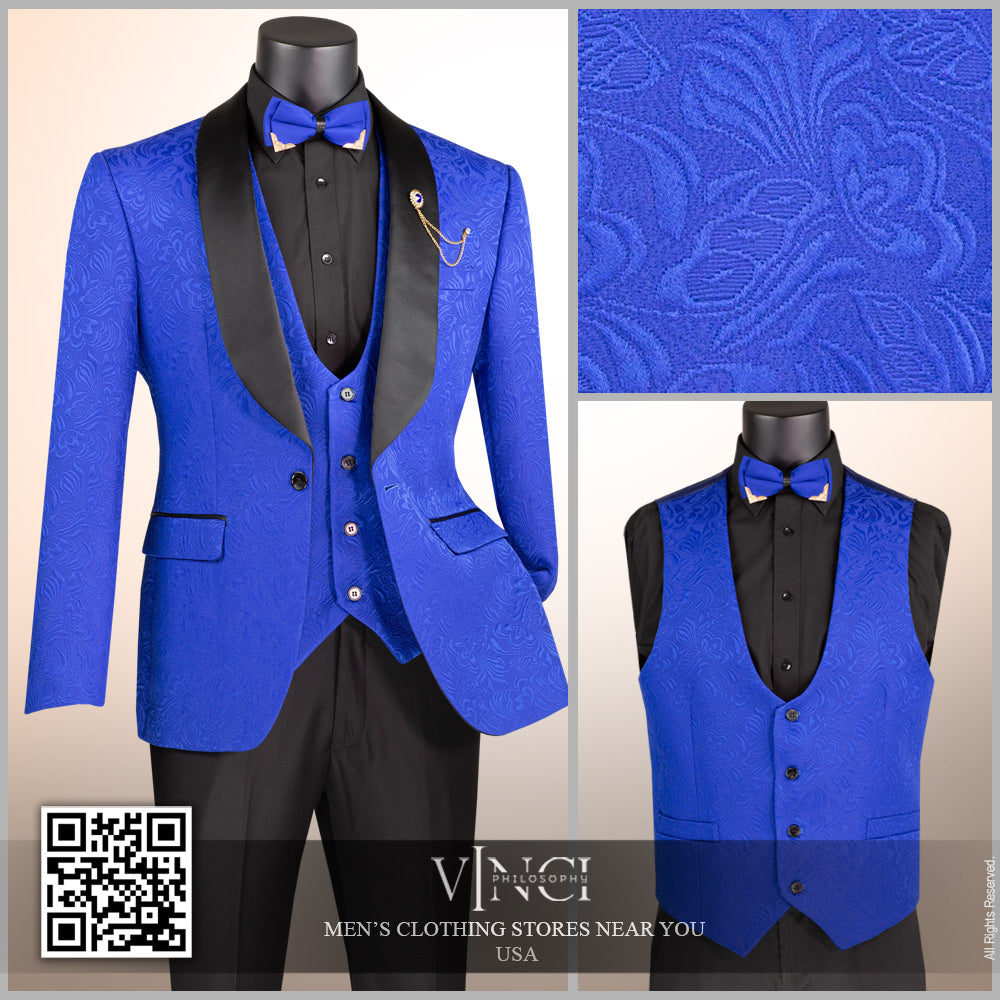 Vinci Slim Fit Vested Jacquard Fabric 1 Button Fashion Tuxedo (Royal)