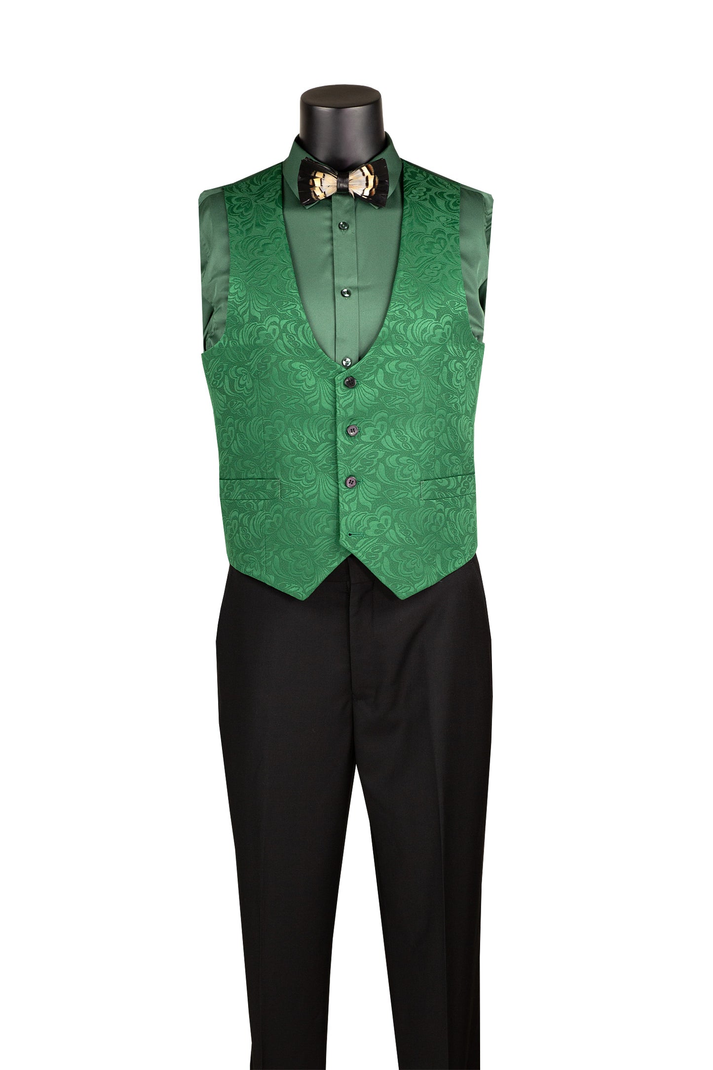 Vinci Slim Fit Vested Jacquard Fabric 1 Button Fashion Tuxedo (Green)