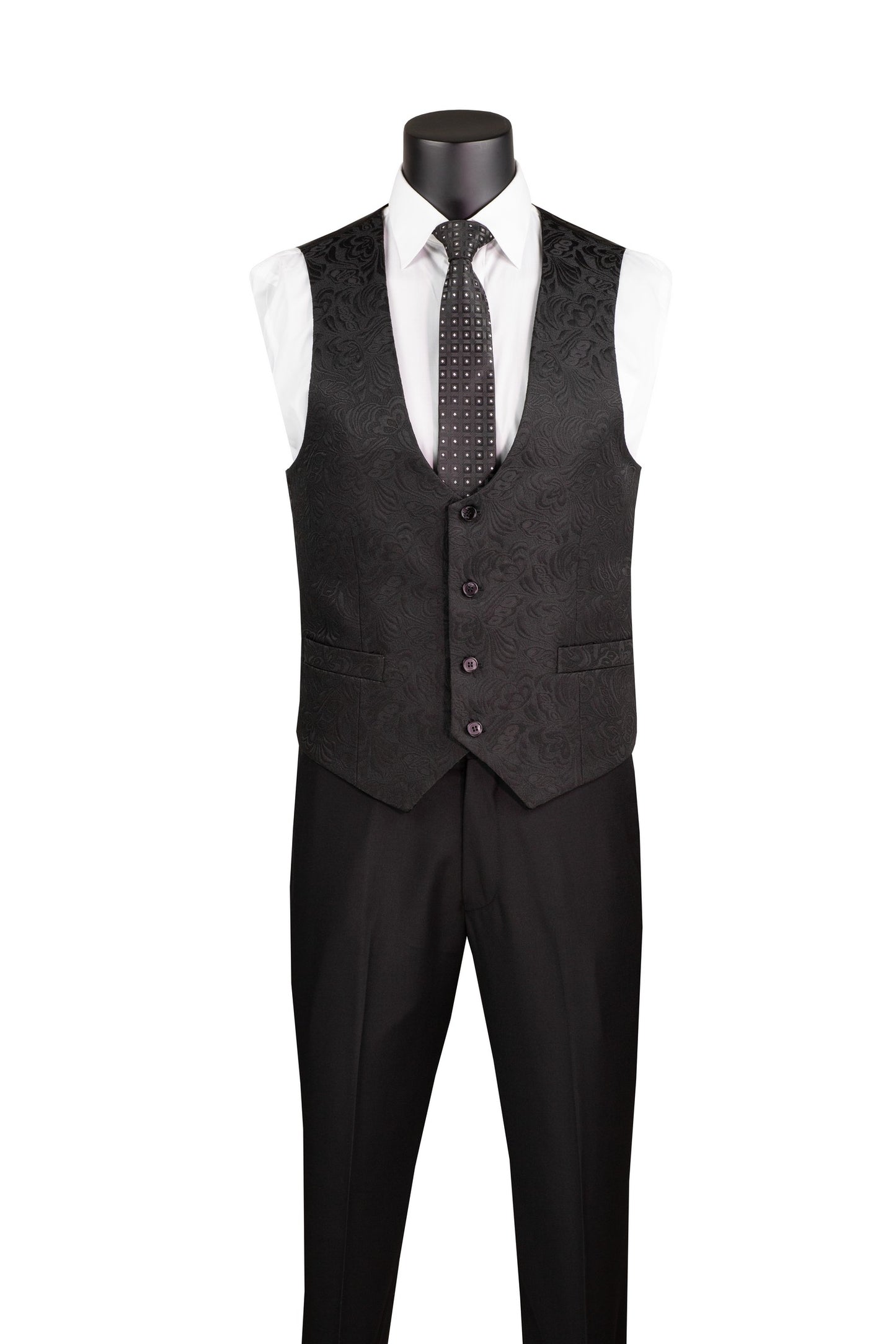 Vinci Slim Fit Vested Jacquard Fabric 1 Button Fashion Tuxedo (Black)