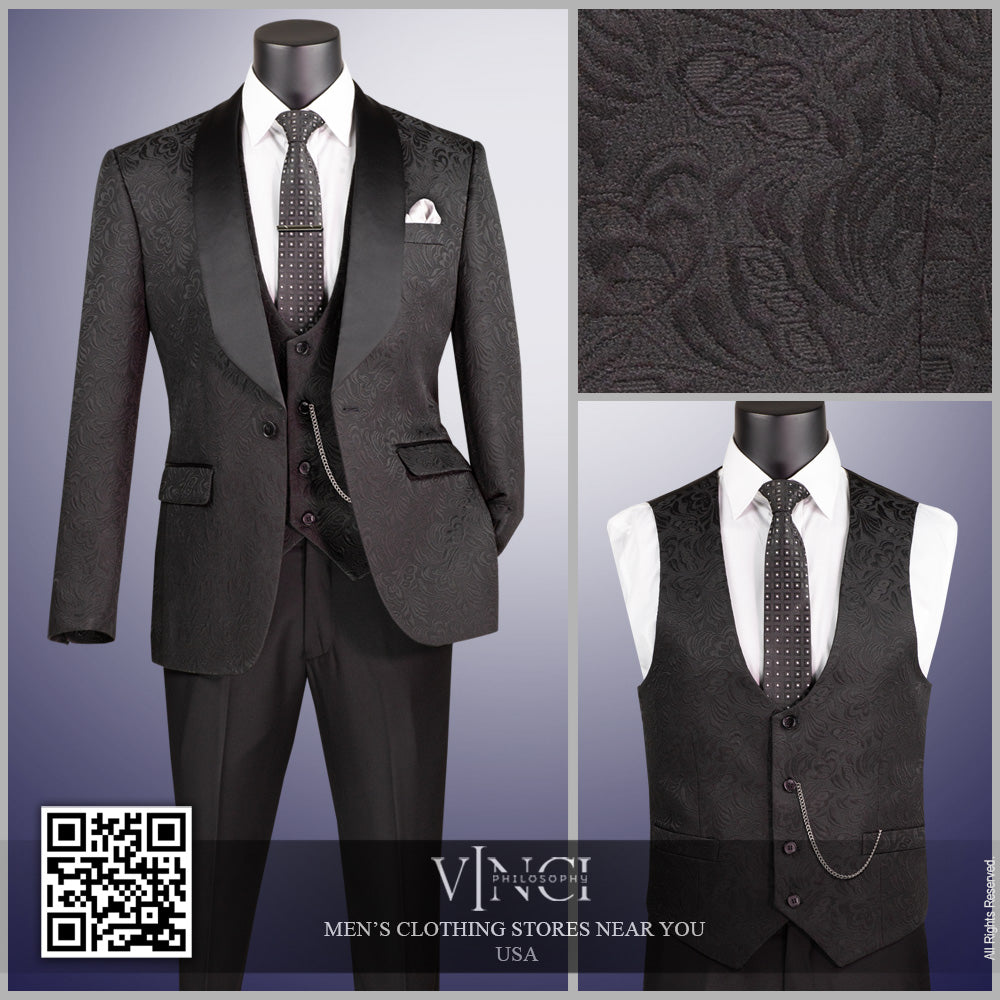 Vinci Slim Fit Vested Jacquard Fabric 1 Button Fashion Tuxedo (Black)