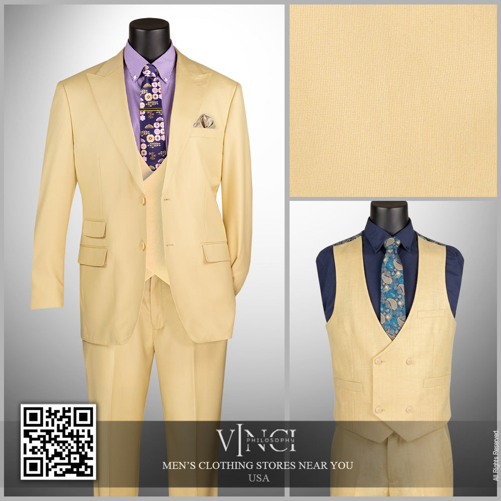 Vinci Classic Fit 3pc w/Double Breasted Vest + Adjustable Waistband (Butter)