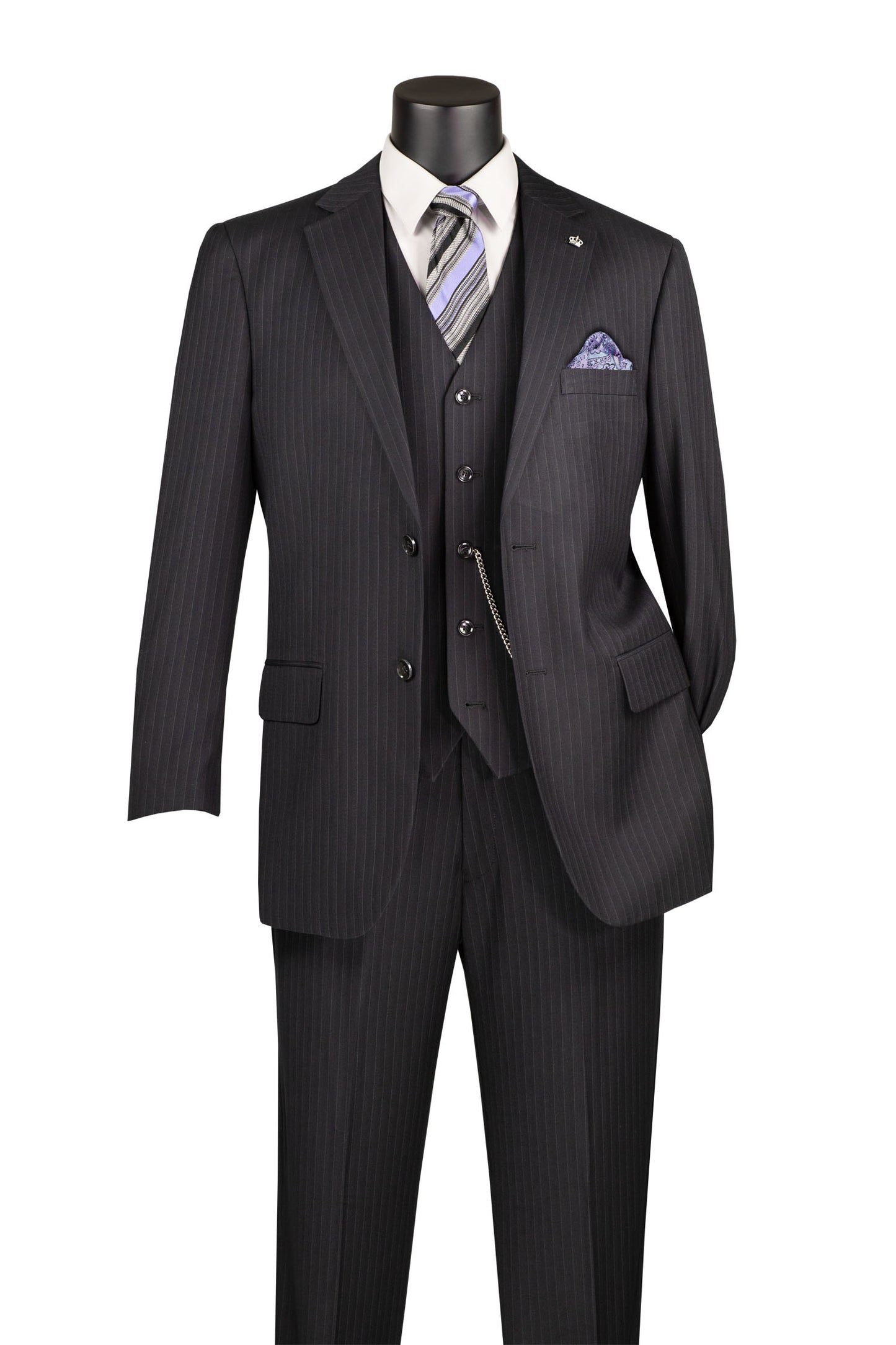 Vinci Luxurious Wool Feel 3pc Regular Fit Pin Stripe Suit (Black)