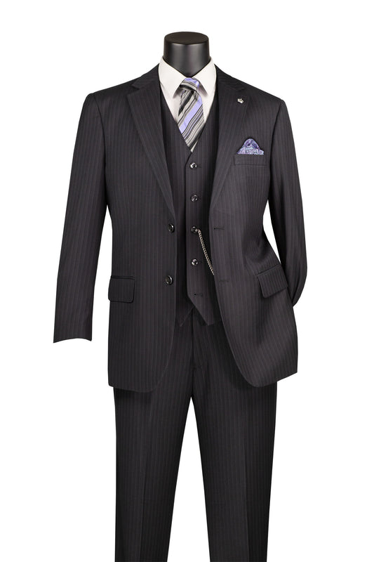 Vinci Luxurious Wool Feel 3pc Pin Stripe Suit (Black)