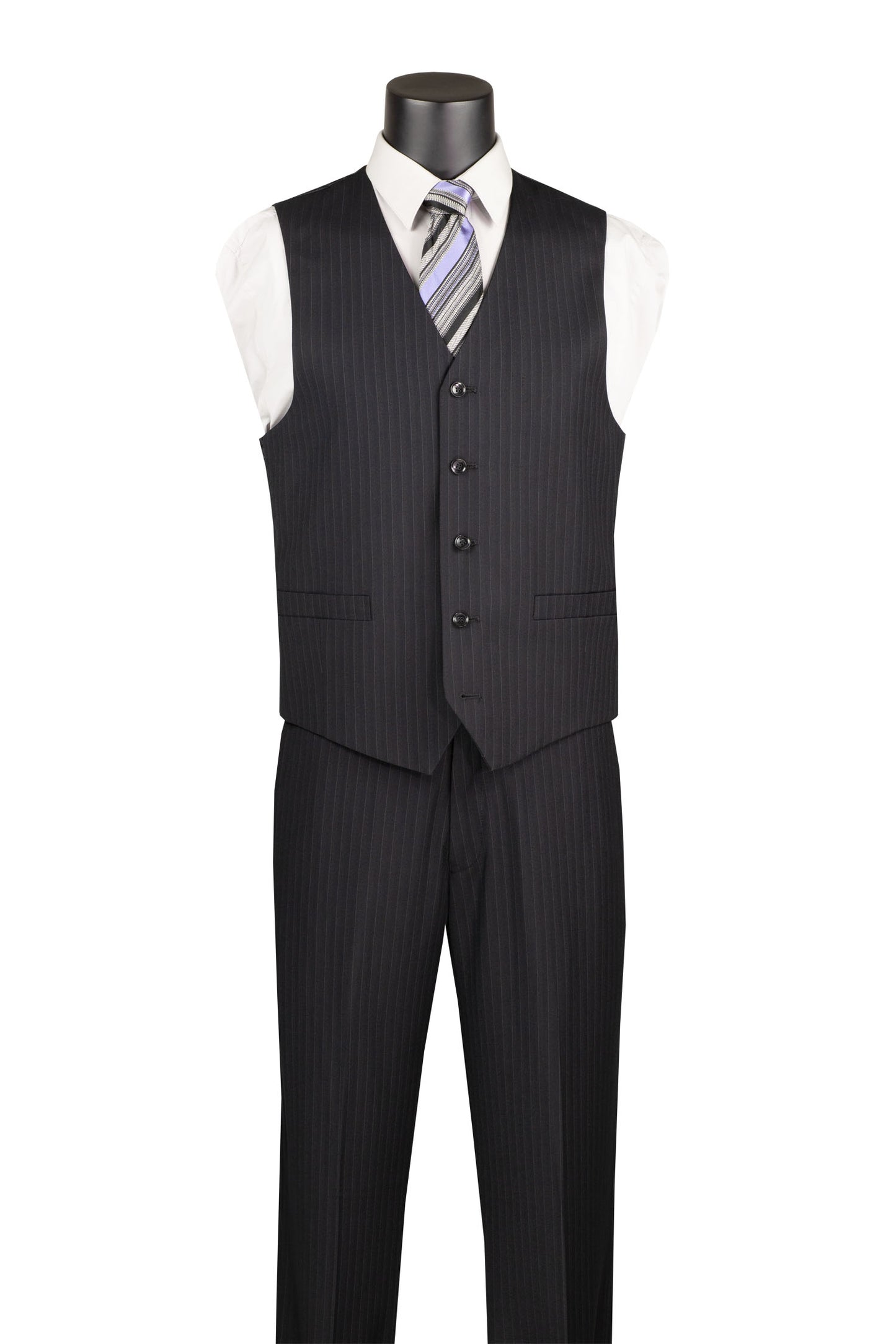 Vinci Luxurious Wool Feel 3pc Regular Fit Pin Stripe Suit (Black)