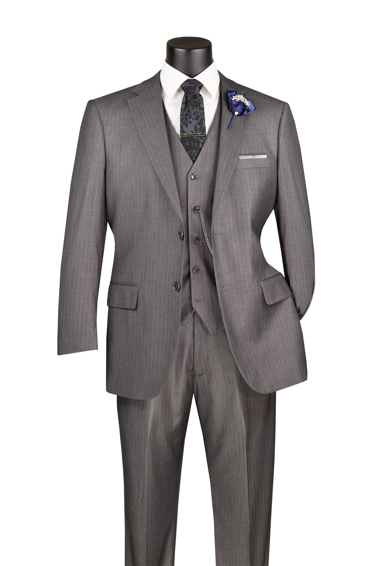 Vinci Luxurious Wool Feel 3pc Regular Fit Pin Stripe Suit (Medium Grey)