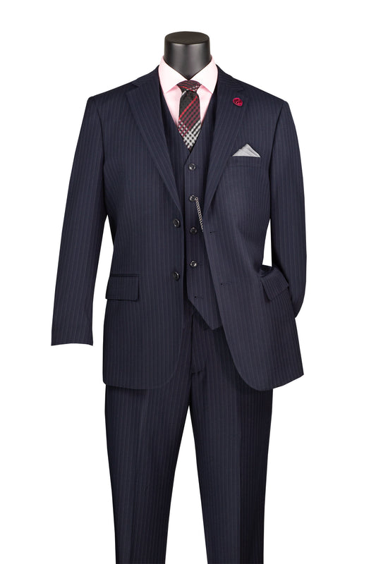 Vinci Luxurious Wool Feel 3pc Pin Stripe Suit (Navy)