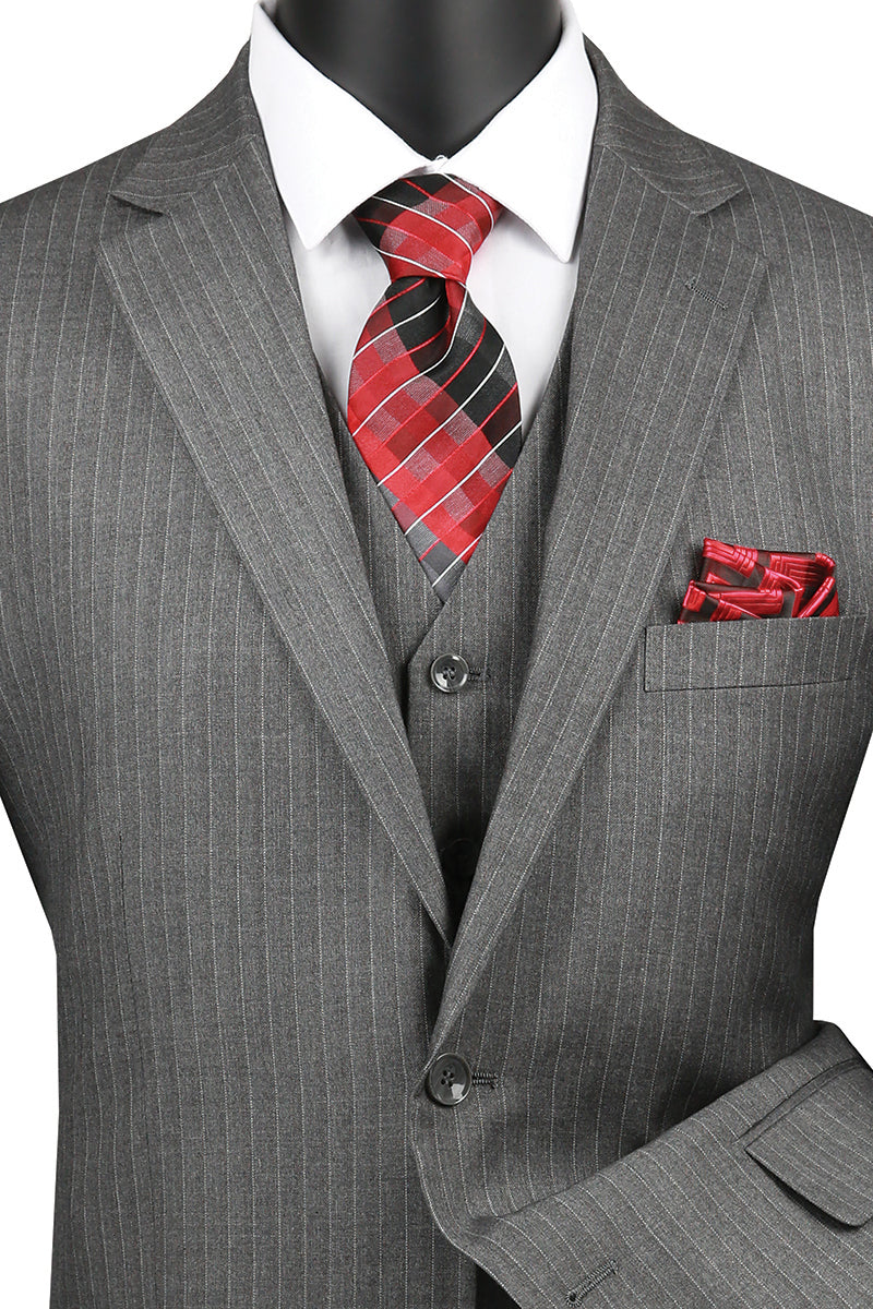 Vinci Luxurious Wool Feel 3pc Pin Stripe Suit (Medium Grey)