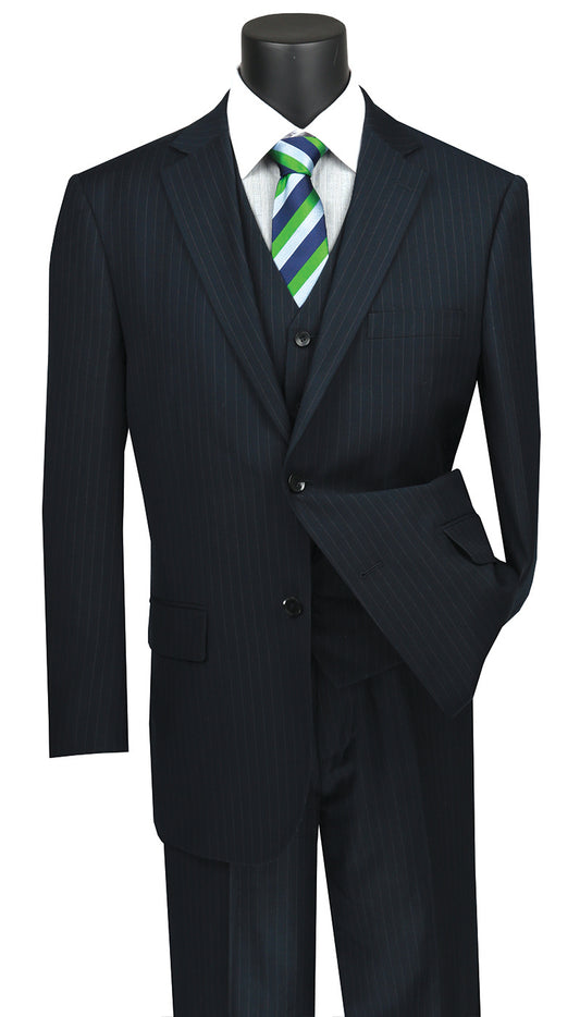 Vinci Luxurious Wool Feel 3pc Pin Stripe Suit (Navy)