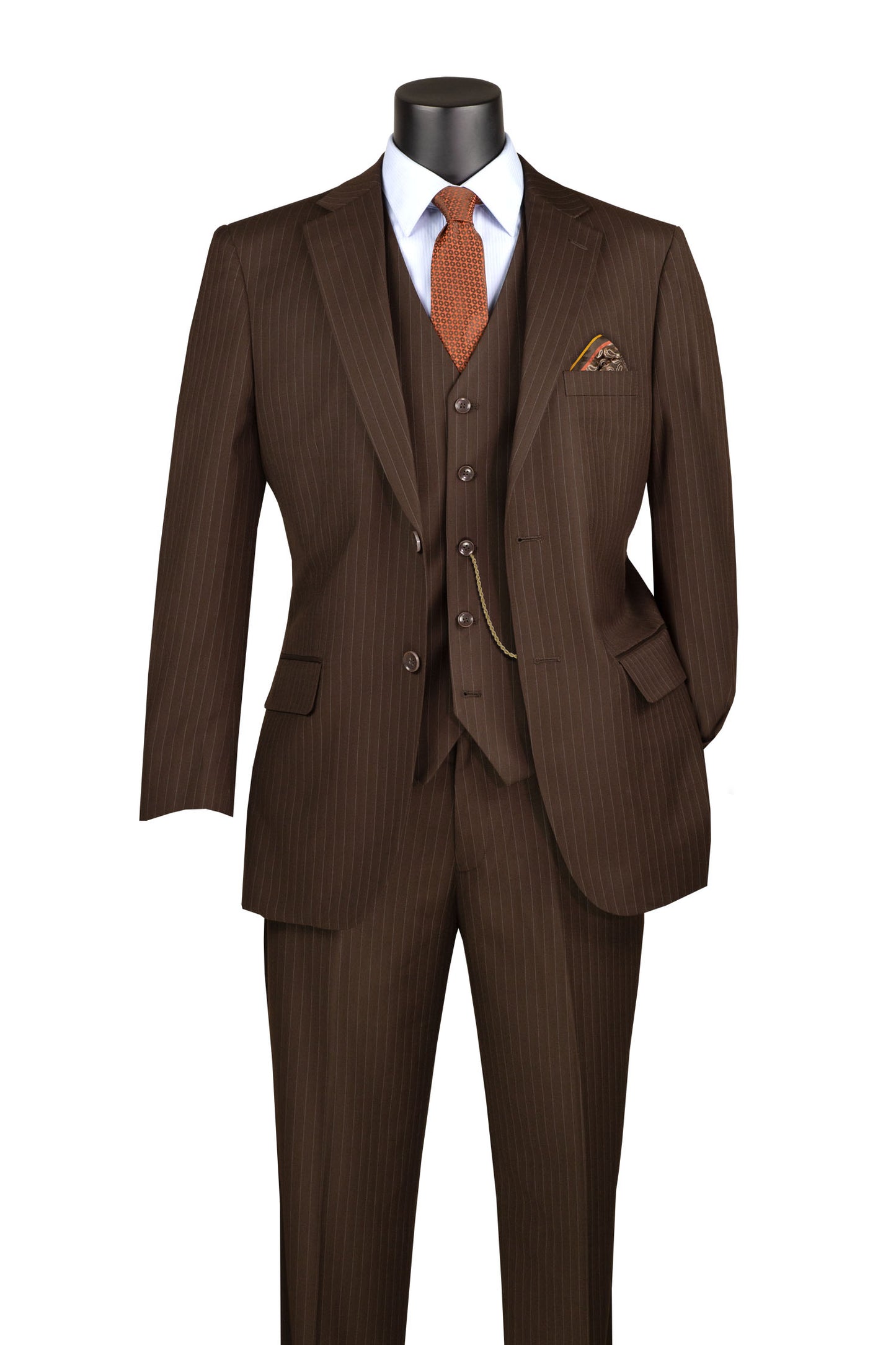 Vinci Luxurious Wool Feel 3pc Pin Stripe Suit (Brown)
