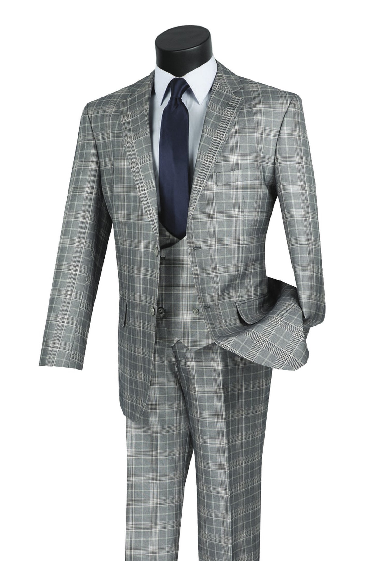 Vinci Classic Fit 3pc Plaid Suit (Gray)