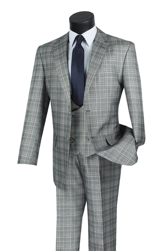 Vinci Classic Fit 3pc Plaid Suit (Gray)