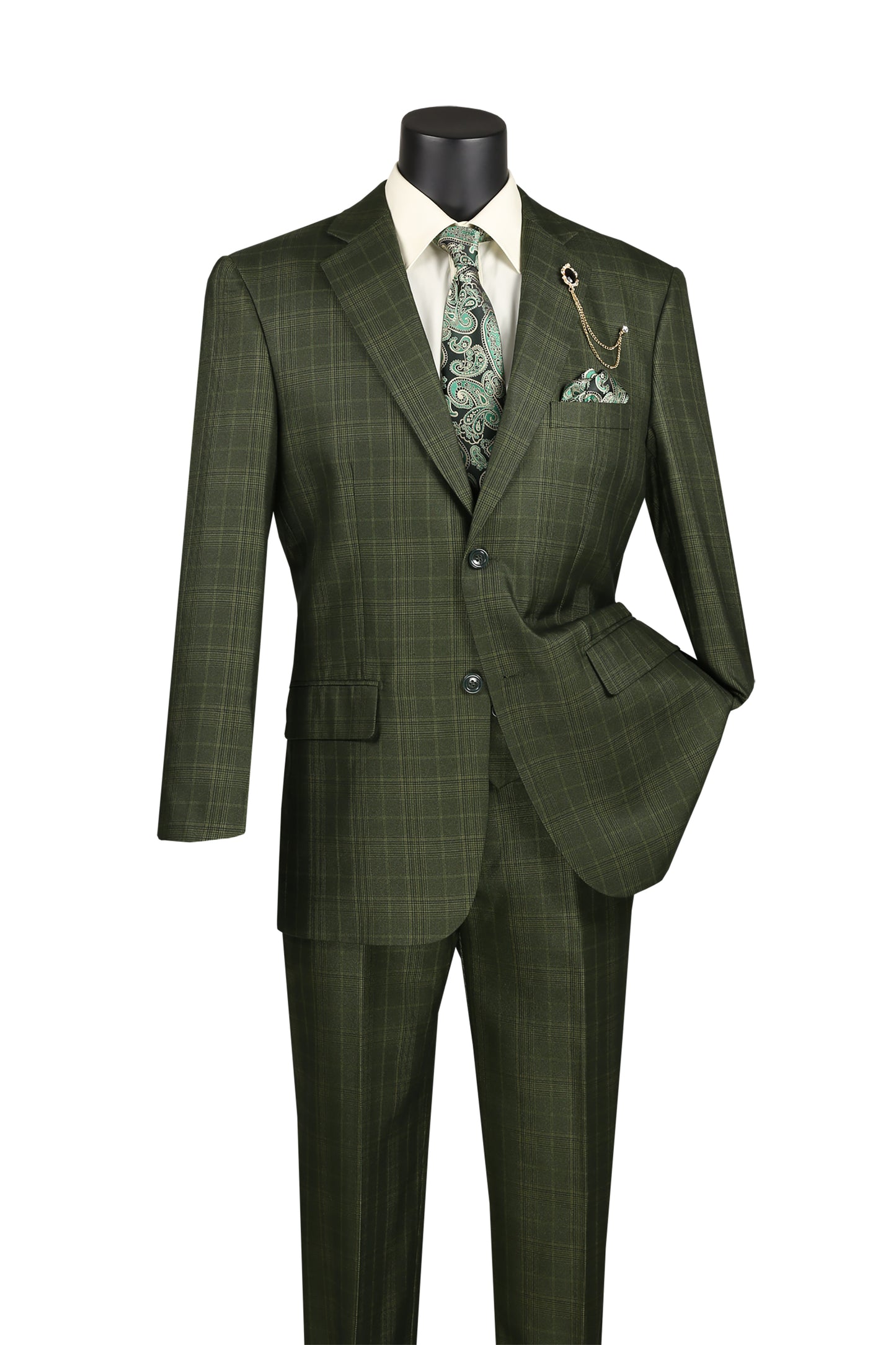 Vinci Classic Fit 3pc Plaid Suit (Olive)