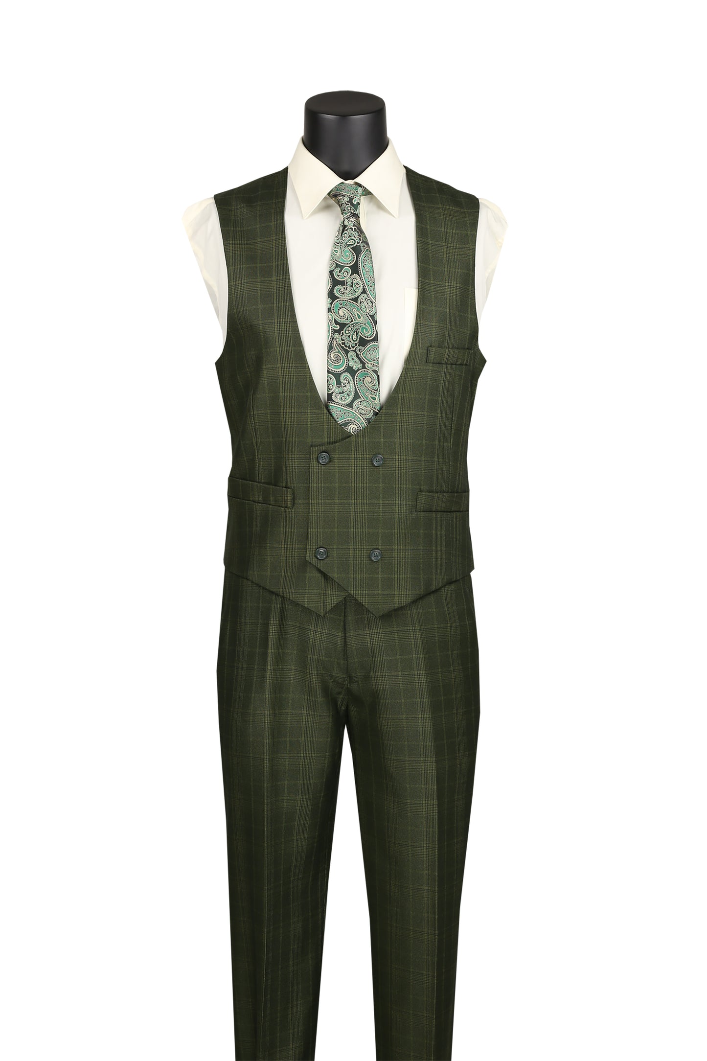 Vinci Classic Fit 3pc Plaid Suit (Olive)