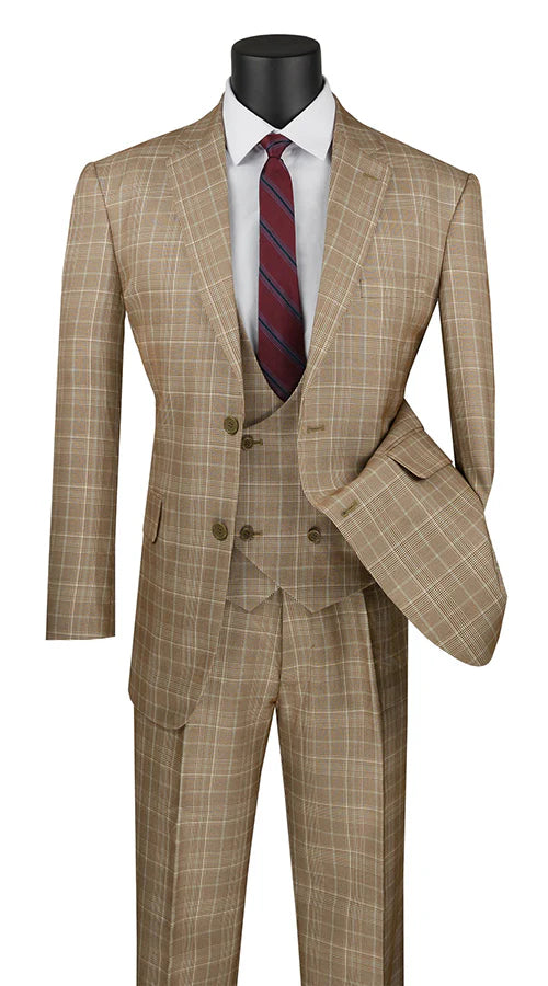 Vinci Classic Fit 3pc Plaid Suit (Camel)